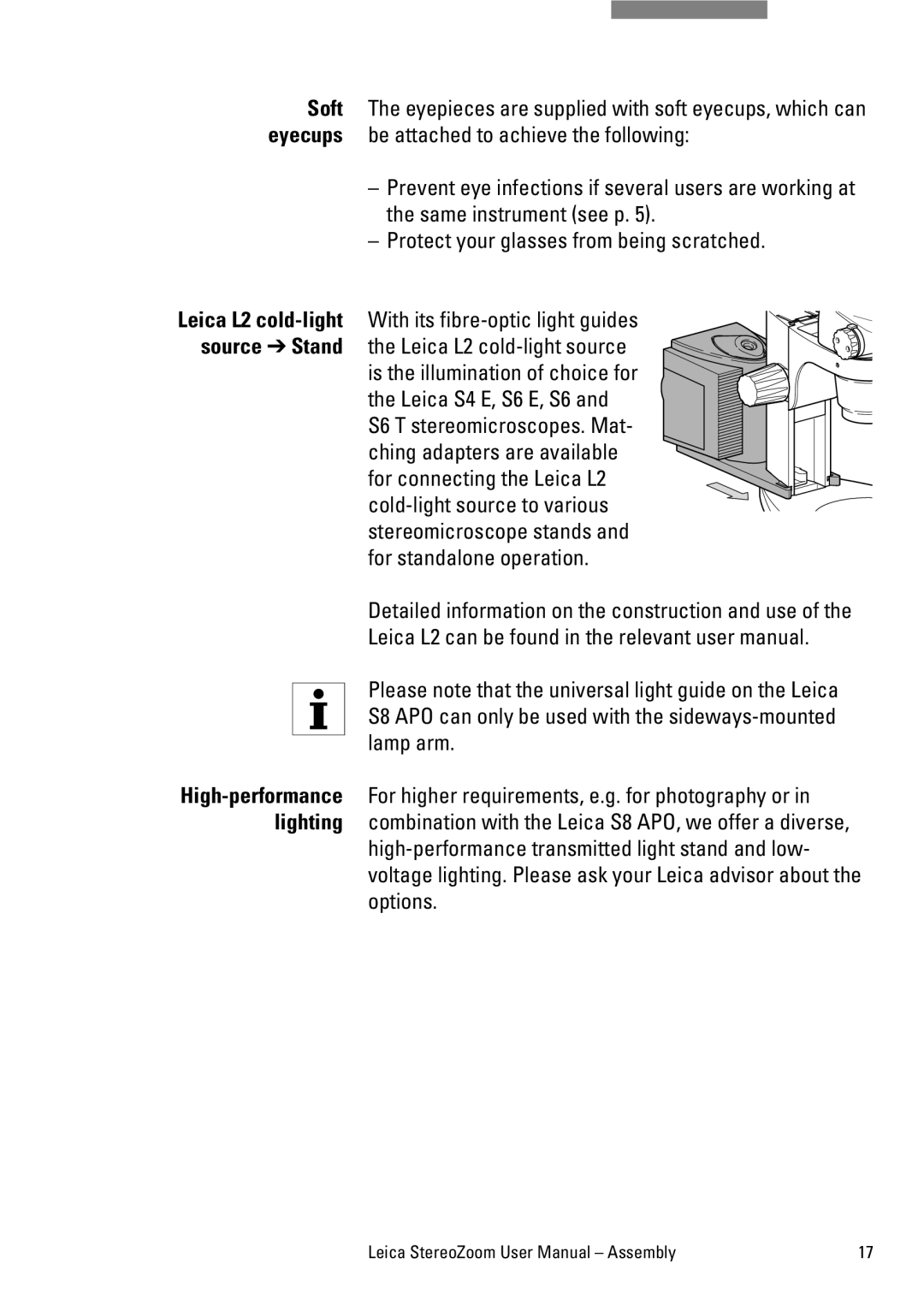 Leica S8 APO, L2, S6 T, MPS 30, S6 E, S6 D, MPS 60 user manual 