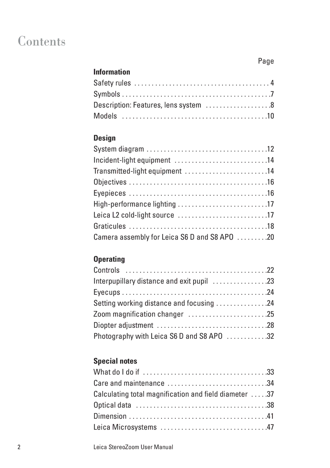 Leica S6 T, L2, S8 APO, MPS 30, S6 E, S6 D, MPS 60 user manual Contents 