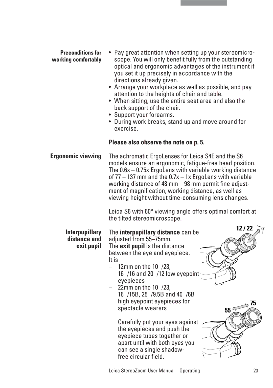 Leica MPS 60, L2, S8 APO, S6 T, MPS 30, S6 E Please also observe the note on p, Interpupillary distance can be, Exit pupil 