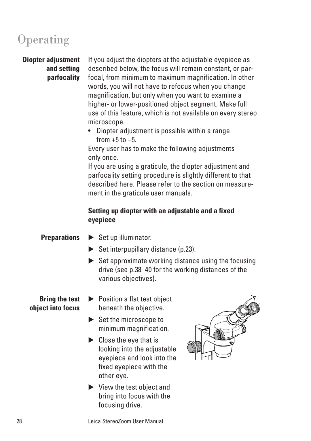 Leica MPS 30, L2, S8 APO, S6 T, S6 E, S6 D, MPS 60 user manual Eyepiece, Preparations, Bring the test 