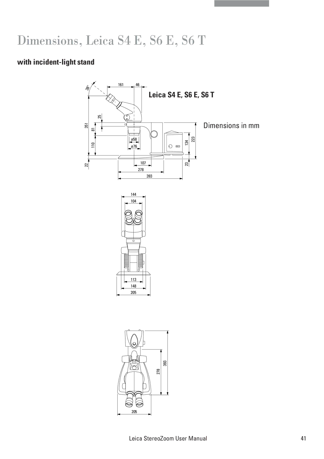 Leica S8 APO, L2, MPS 30, S6 D, MPS 60 user manual Dimensions, Leica S4 E, S6 E, S6 T, With incident-light stand 