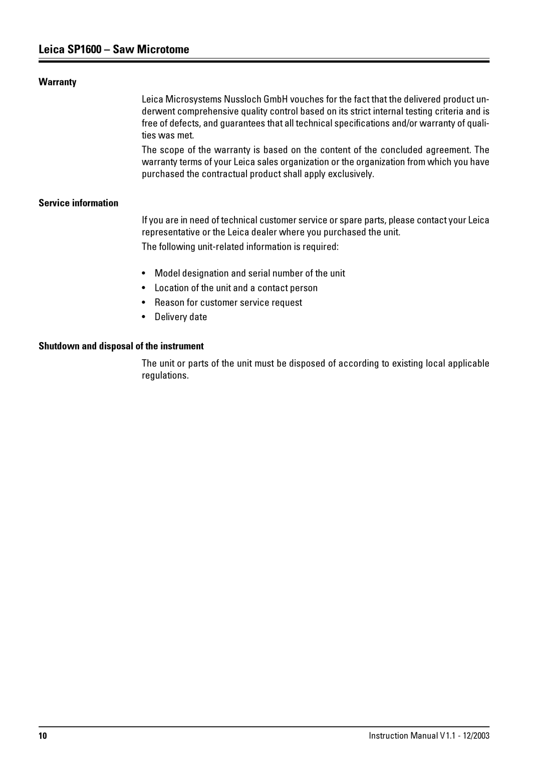 Leica Lecia SP1600 instruction manual Leica SP1600 Saw Microtome 