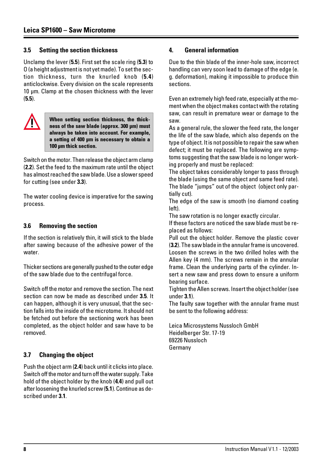 Leica Lecia SP1600 Setting the section thickness, Removing the section, Changing the object, General information 
