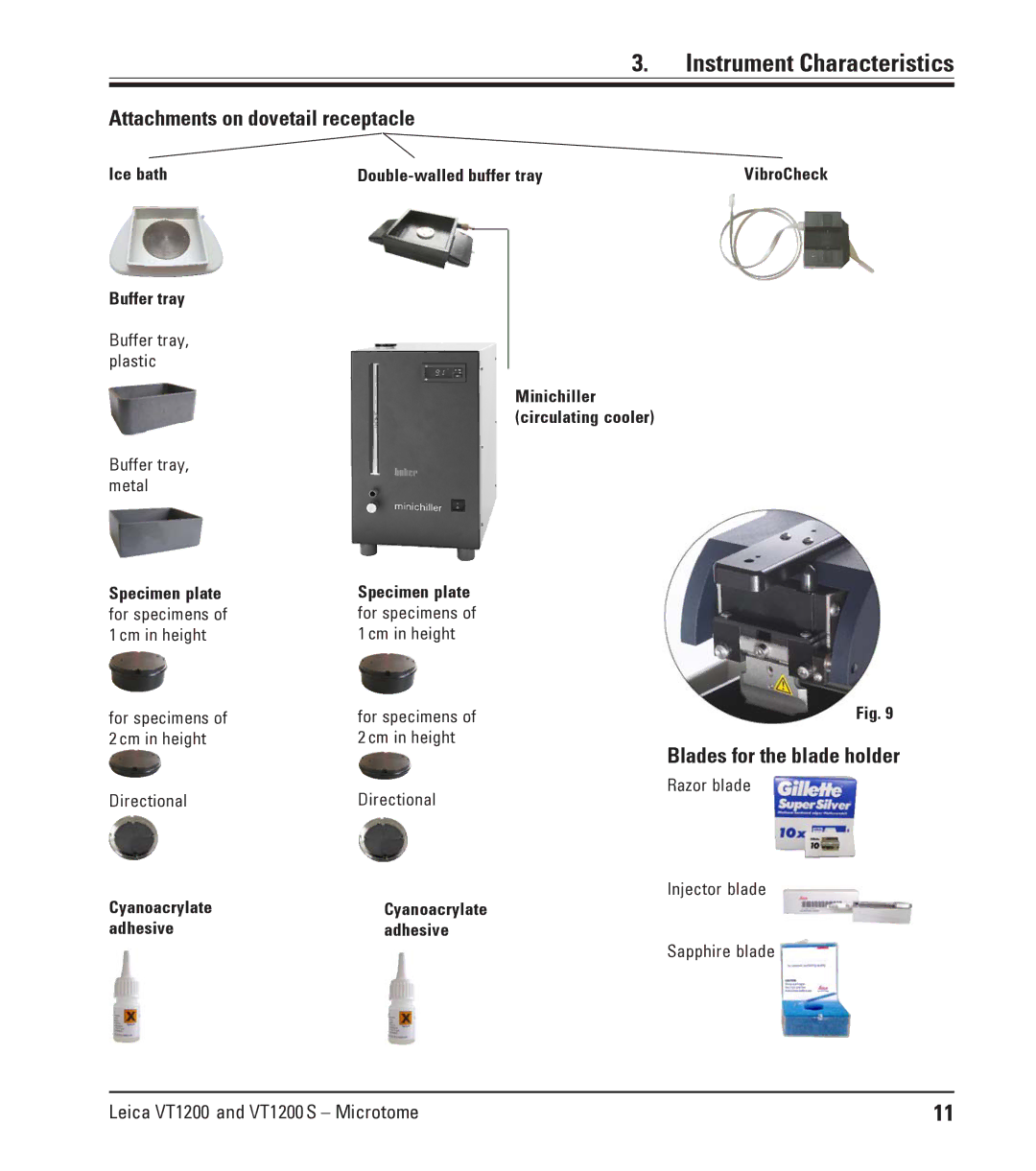 Leica Leica VT1200S manual Attachments on dovetail receptacle, Blades for the blade holder 