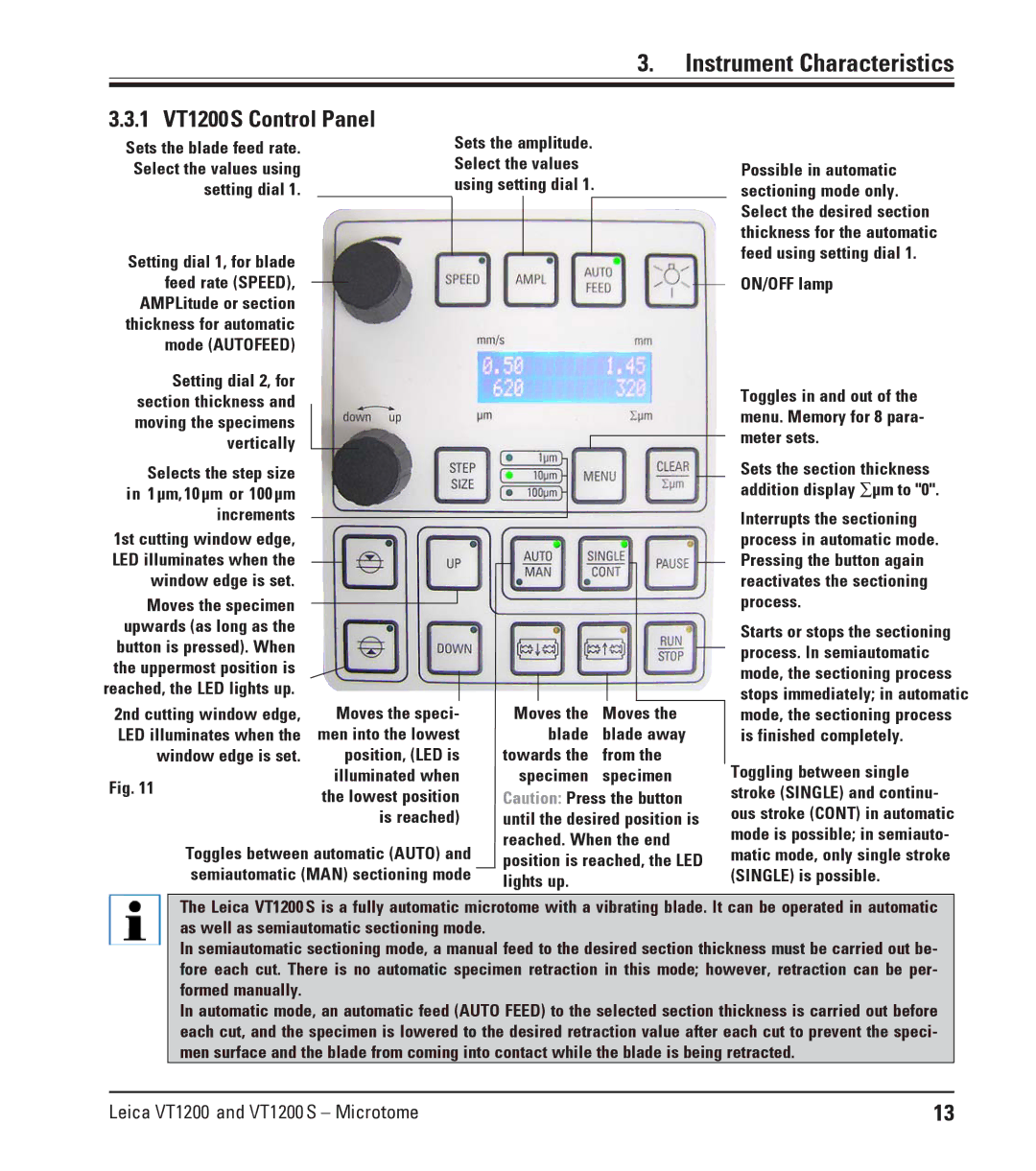 Leica Leica VT1200S manual 1 VT1200S Control Panel, Window edge is set Moves the specimen Upwards as long as 