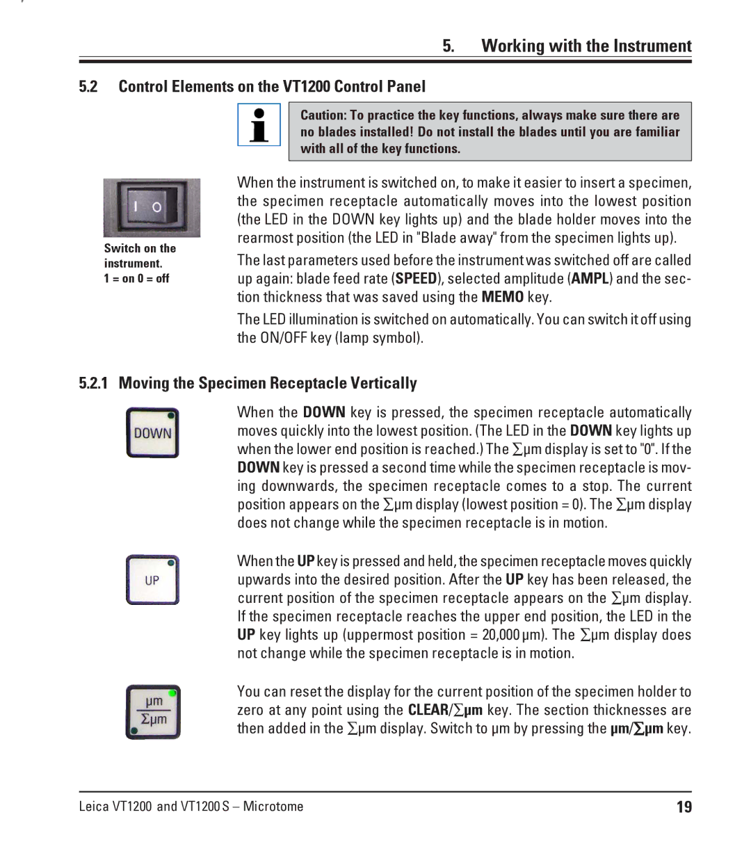 Leica Leica VT1200S manual Control Elements on the VT1200 Control Panel, Moving the Specimen Receptacle Vertically 
