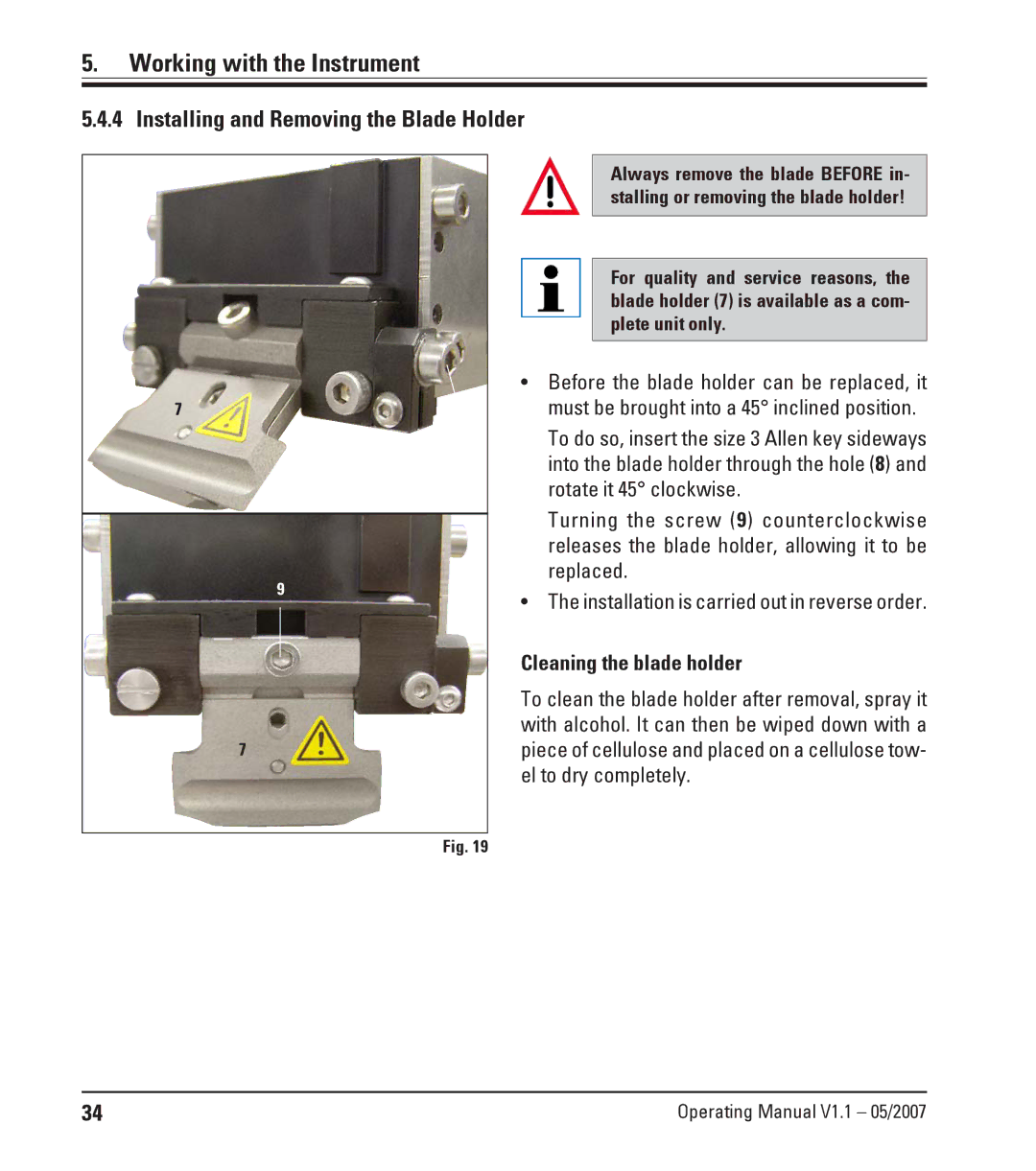 Leica Leica VT1200S manual Installing and Removing the Blade Holder 