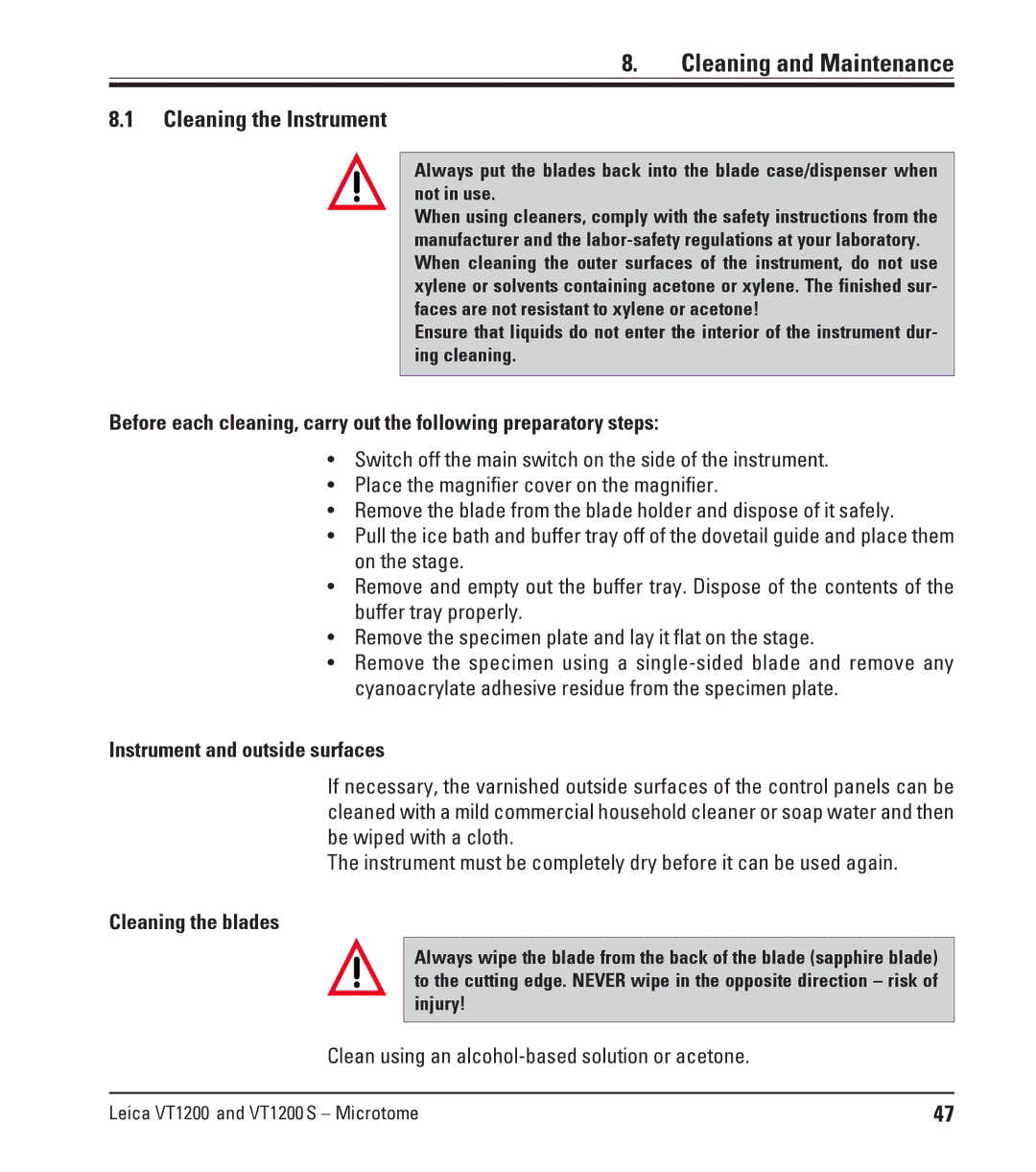 Leica Leica VT1200 Cleaning and Maintenance, Cleaning the Instrument, Clean using an alcohol-based solution or acetone 