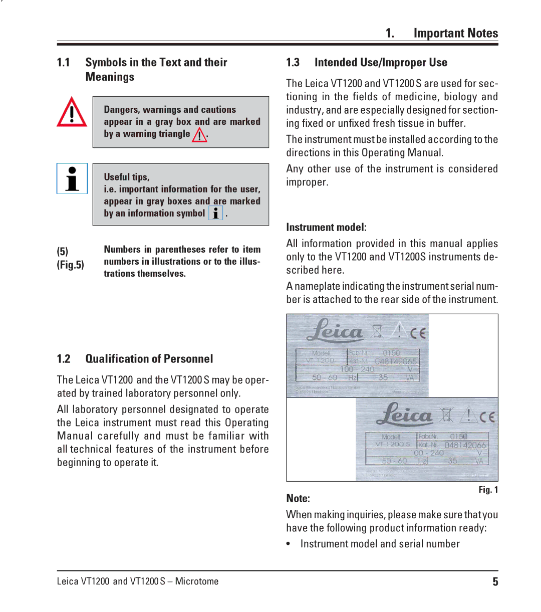 Leica Leica VT1200S manual Important Notes, Symbols in the Text and their Meanings, Intended Use/Improper Use 