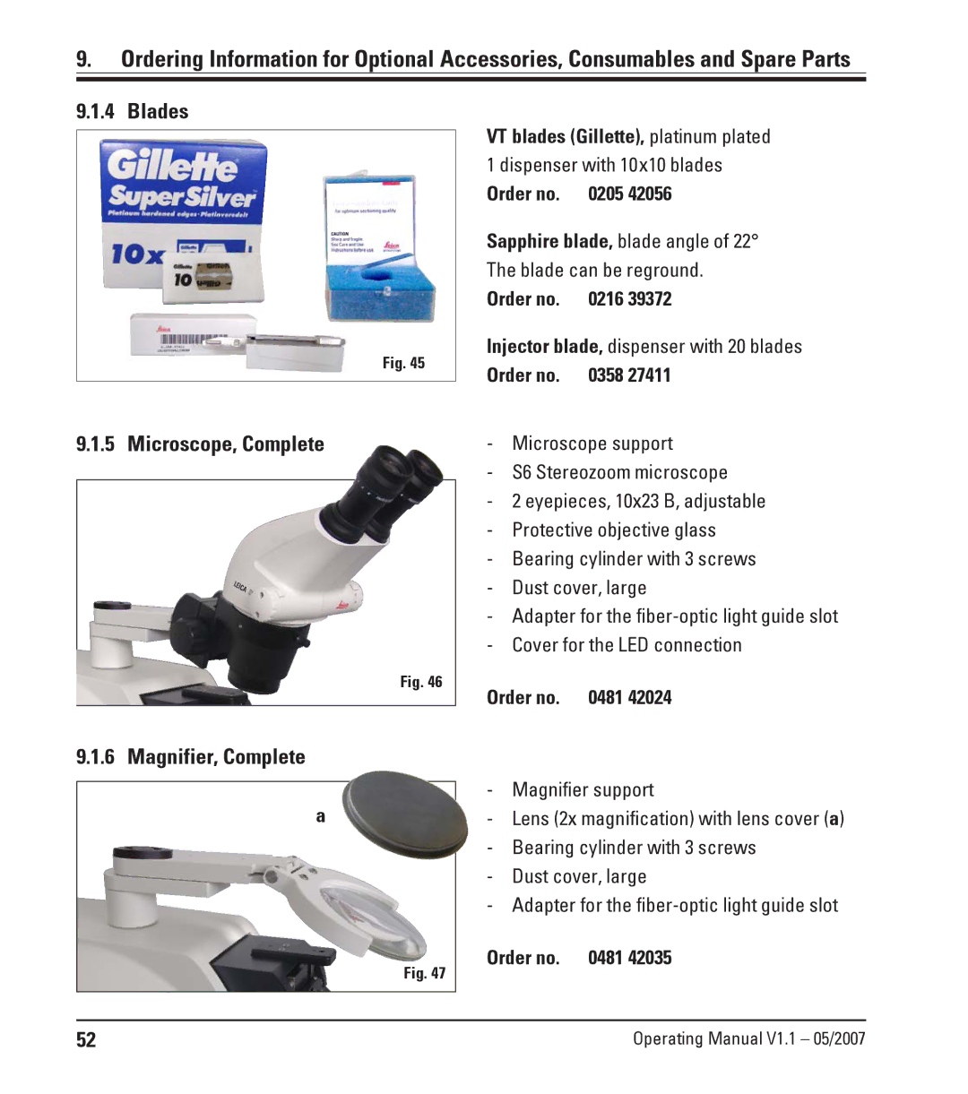 Leica Leica VT1200S manual Blades Microscope, Complete, Magnifier, Complete 