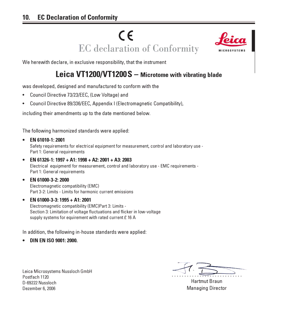 Leica Leica VT1200S manual EC Declaration of Conformity, Leica VT1200/VT1200S Microtome with vibrating blade 