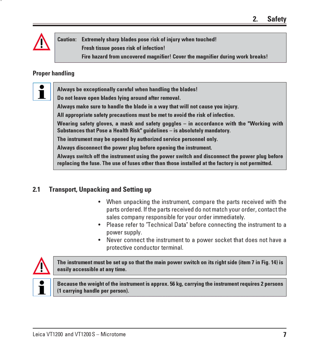 Leica Leica VT1200S manual Transport, Unpacking and Setting up, Proper handling 