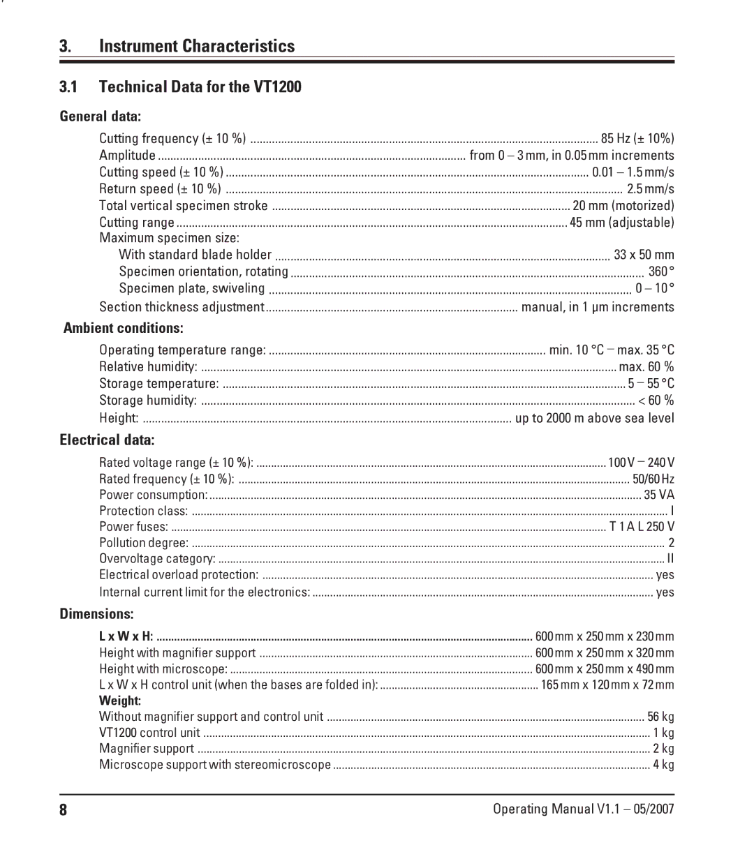 Leica Leica VT1200S manual Instrument Characteristics, Technical Data for the VT1200, Electrical data 