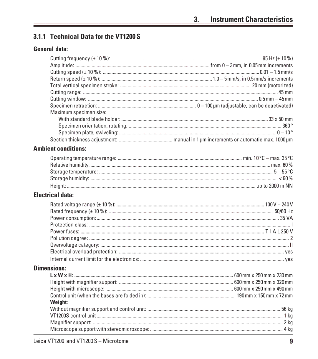 Leica Leica VT1200 manual Instrument Characteristics, Technical Data for the VT1200S, Ambient conditions, Dimensions 