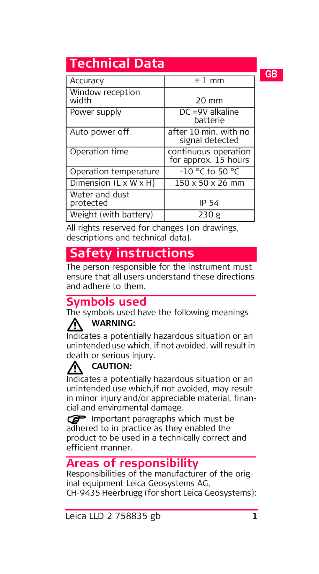 Leica LLD2 manual Symbols used, Areas of responsibility 