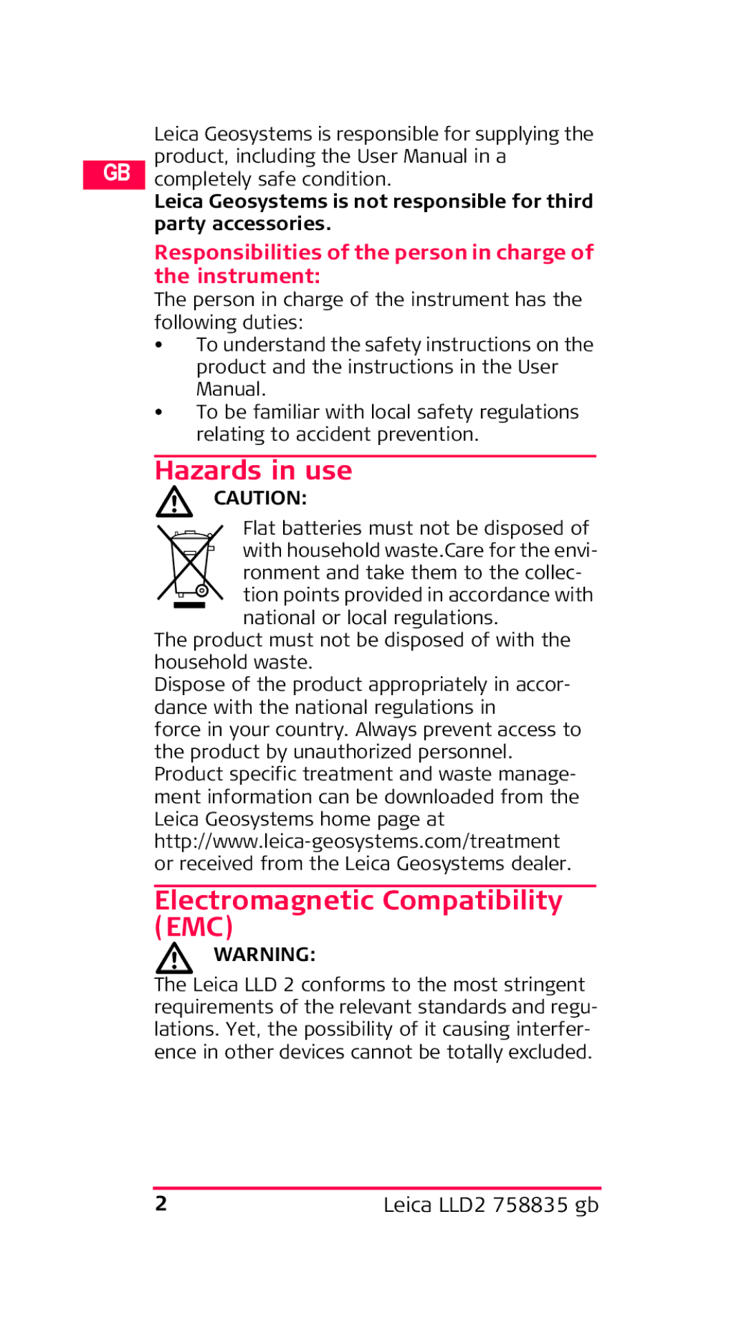 Leica LLD2 manual Hazards in use, Electromagnetic Compatibility EMC 