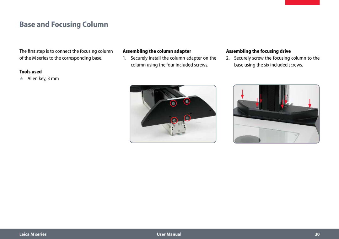 Leica M125 B, M165 C B Base and Focusing Column, Assembling the column adapter Assembling the focusing drive, Tools used 