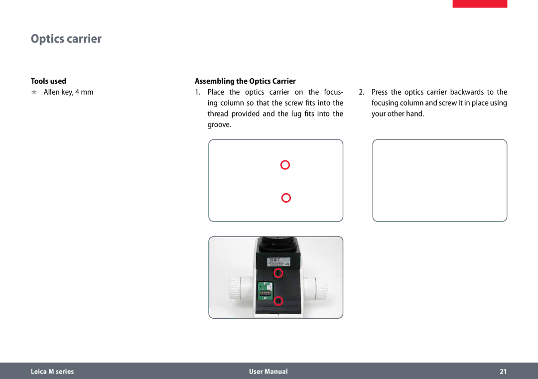 Leica M165 C B, M125 B user manual Optics carrier, Tools used Assembling the Optics Carrier, Groove 