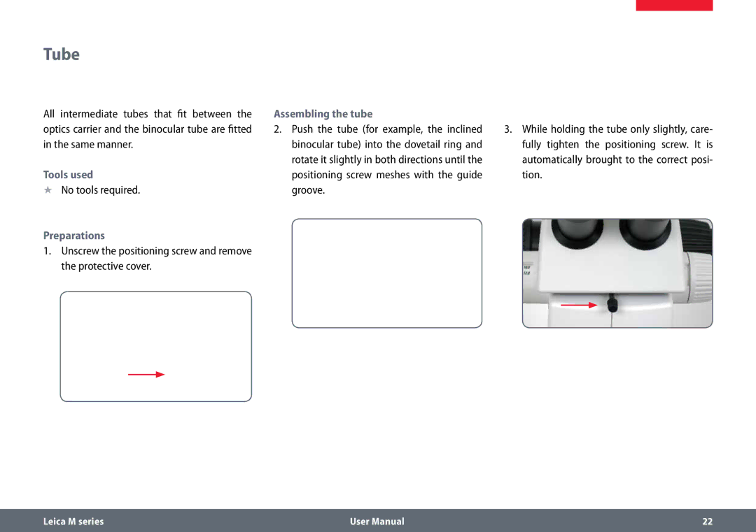 Leica M125 B, M165 C B user manual Tube, Tools used, No tools required, Preparations, Assembling the tube 