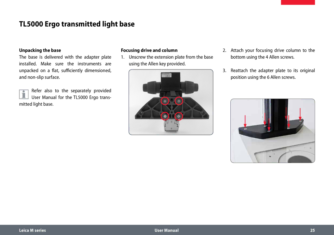 Leica M165 C B, M125 B user manual TL5000 Ergo transmitted light base, Unpacking the base Focusing drive and column 