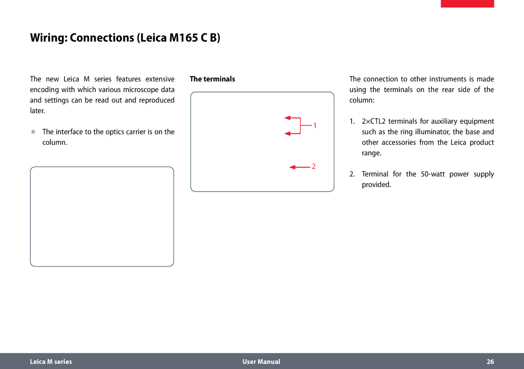 Leica M125 B user manual Wiring Connections Leica M165 C B, New Leica M series features extensive, Later 