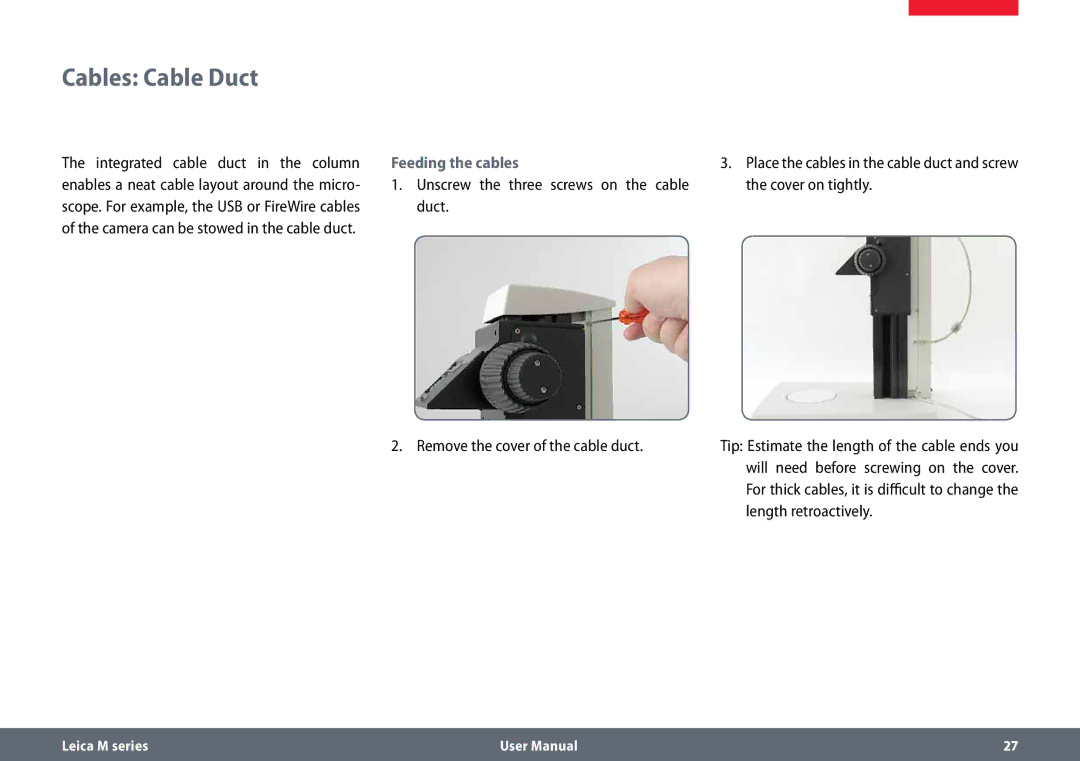 Leica M165 C B, M125 B user manual Cables Cable Duct, Feeding the cables 