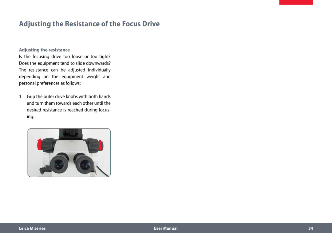 Leica M125 B, M165 C B user manual Adjusting the Resistance of the Focus Drive, Adjusting the resistance 