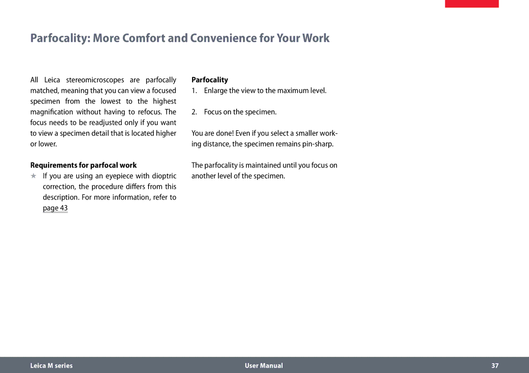 Leica M165 C B, M125 B user manual Parfocality More Comfort and Convenience for Your Work, Requirements for parfocal work 