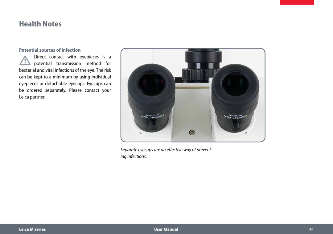 Leica M165 C B, M125 B user manual Health Notes, Potential sources of infection 