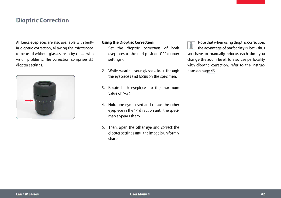 Leica M125 B, M165 C B user manual Using the Dioptric Correction 