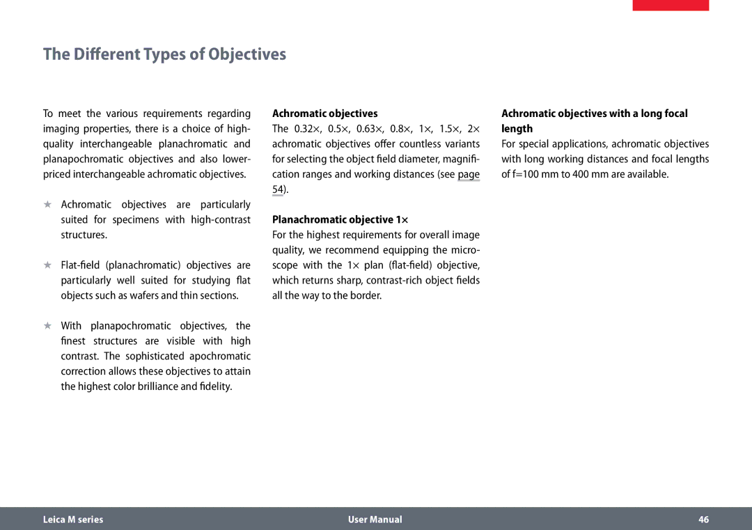 Leica M125 B, M165 C B user manual Different Types of Objectives, Achromatic objectives, Planachromatic objective 1× 