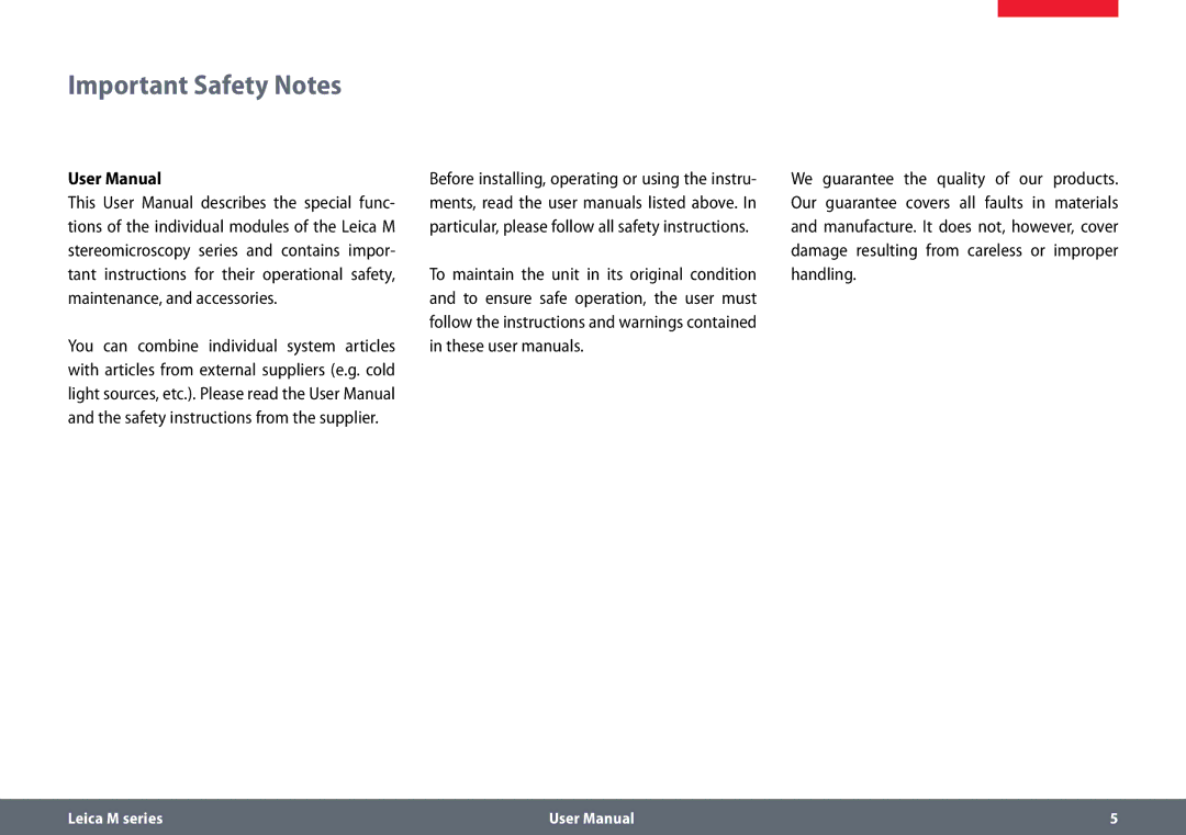 Leica M165 C B, M125 B user manual Important Safety Notes 