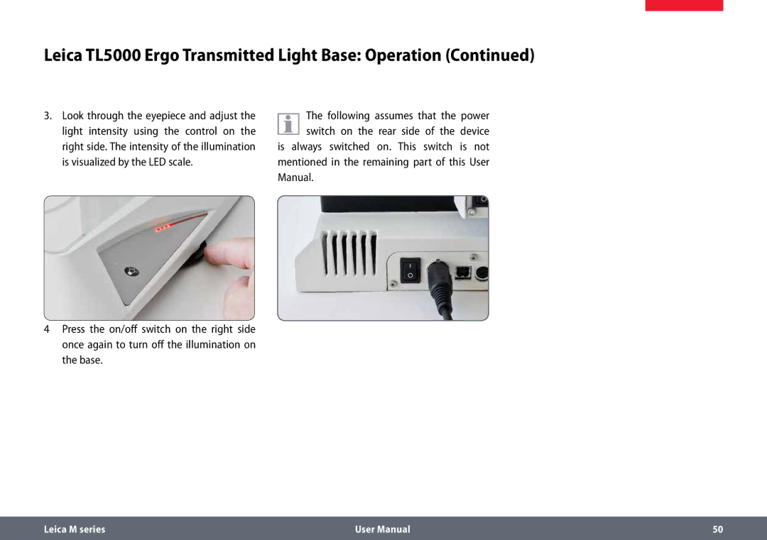 Leica M125 B, M165 C B user manual Leica TL5000 Ergo Transmitted Light Base Operation 