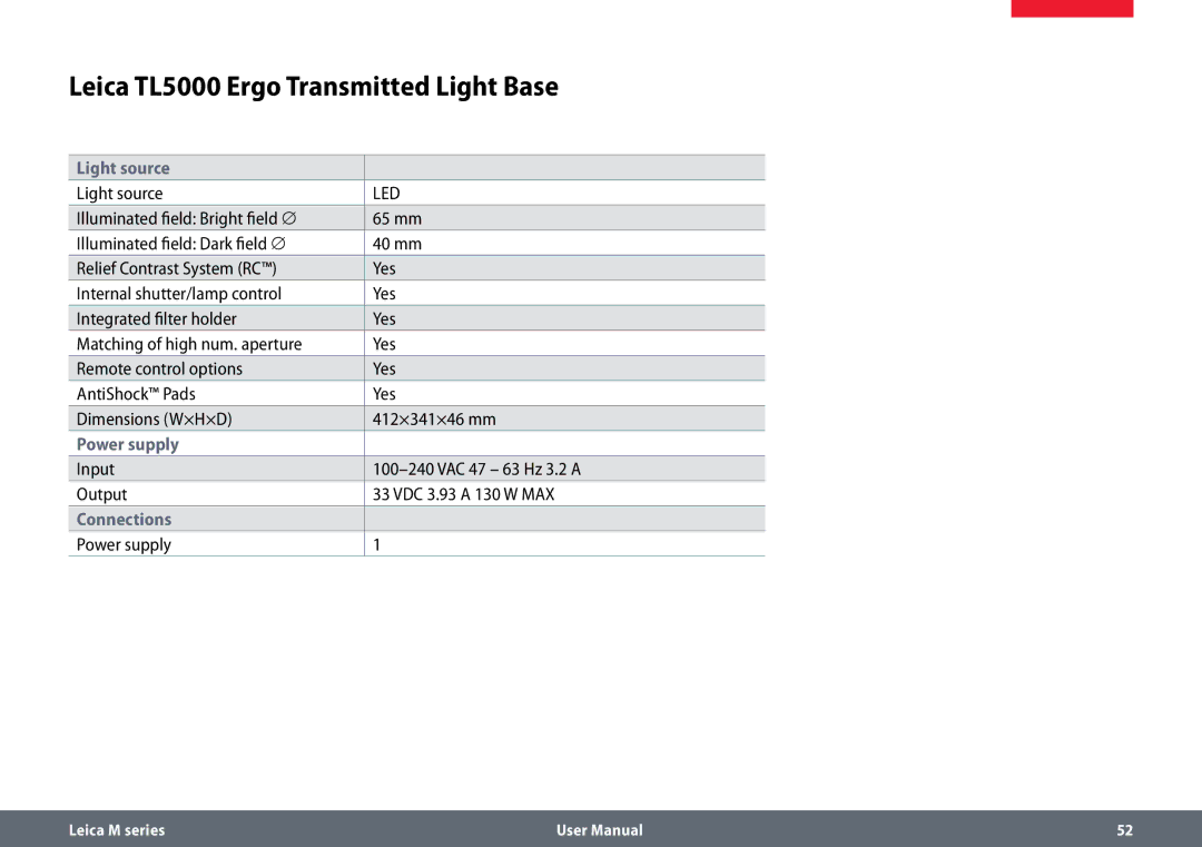 Leica M125 B, M165 C B user manual Leica TL5000 Ergo Transmitted Light Base, Light source, Power supply, Connections 