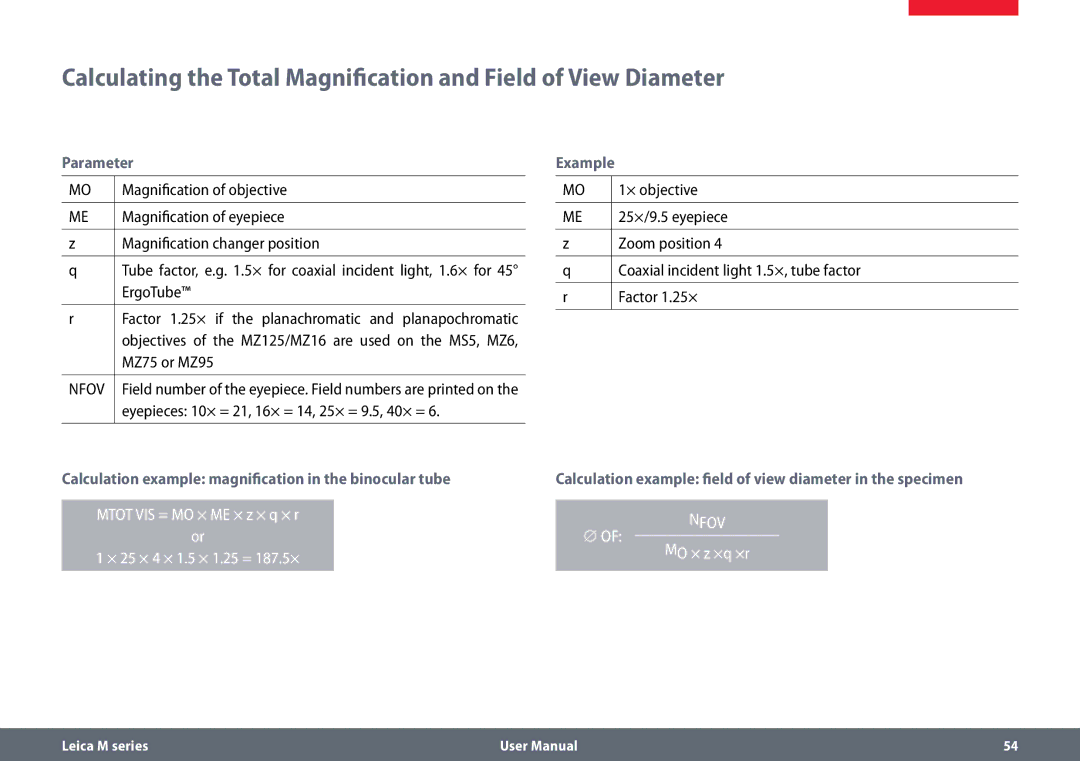 Leica M125 B, M165 C B user manual Parameter, Example, Calculation example magnification in the binocular tube 