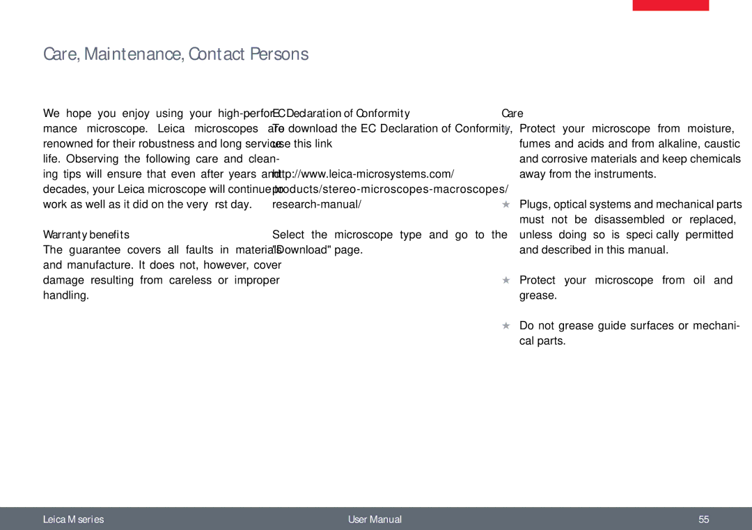 Leica M165 C B, M125 B user manual Care, Maintenance, Contact Persons, Warranty benefits 