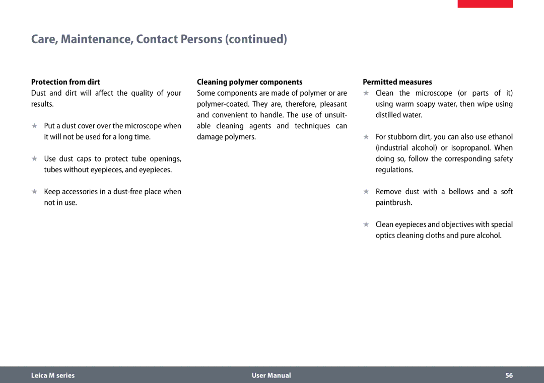 Leica M125 B Protection from dirt, Dust and dirt will affect the quality of your results, Cleaning polymer components 