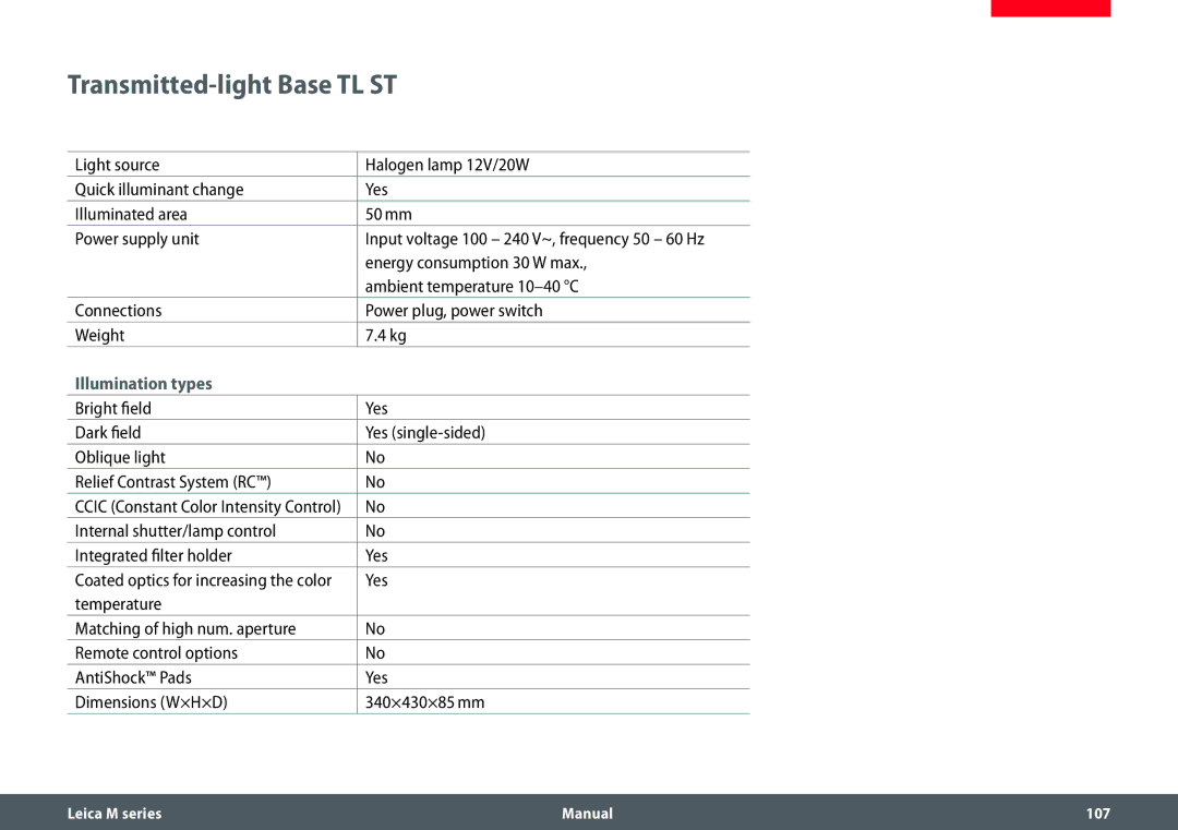 Leica M205 C, M205 A Energy consumption 30 W max, Ambient temperature 10-40 C, Connections Power plug, power switch Weight 