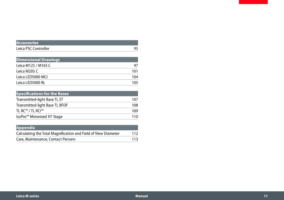 Leica M205 C, M205 A Leica PSC Controller, 109, IsoPro Motorized XY Stage 110, 112, Care, Maintenance, Contact Persons 113 