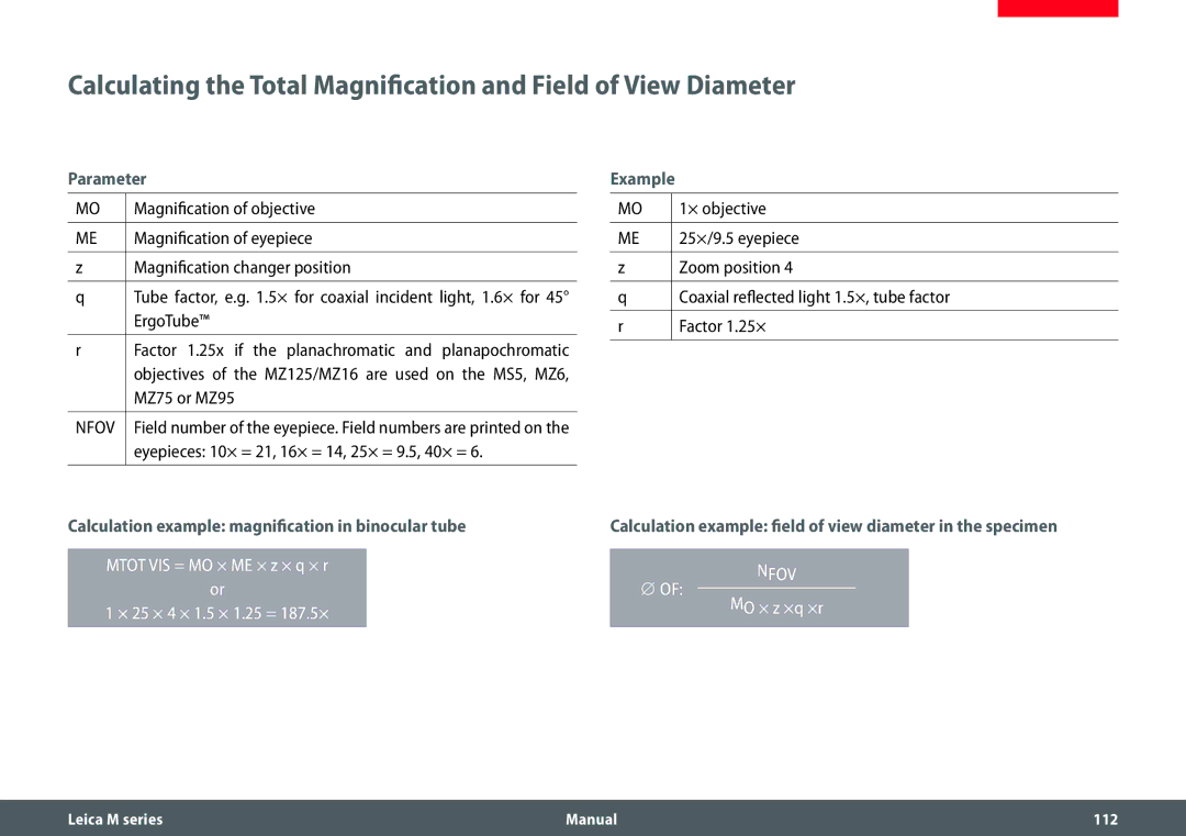 Leica M165 C, M205 A, M205 C manual Parameter, Example, Calculation example magnification in binocular tube 