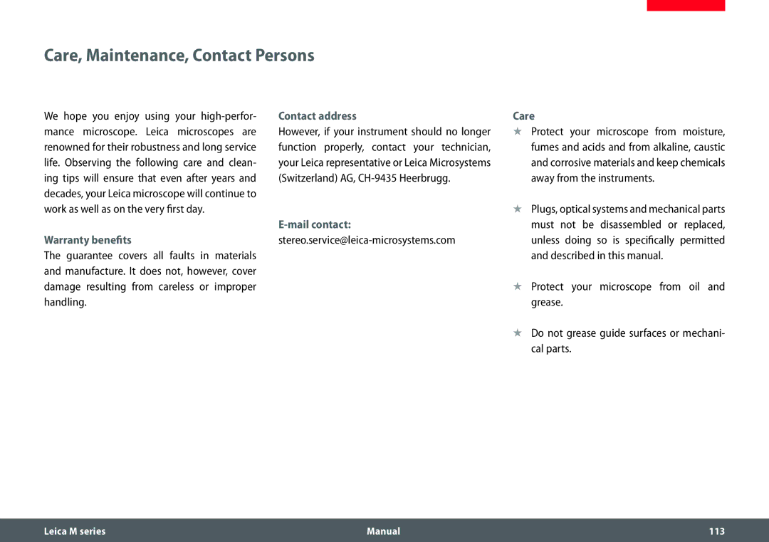 Leica M205 C, M205 A, M165 C manual Care, Maintenance, Contact Persons, Contact address, Mail contact, Warranty benefits 