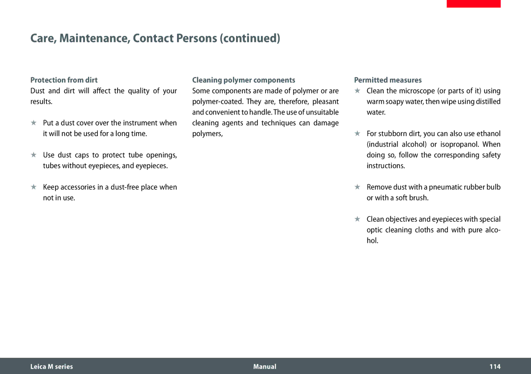 Leica M205 A Protection from dirt, Dust and dirt will affect the quality of your results, Cleaning polymer components 