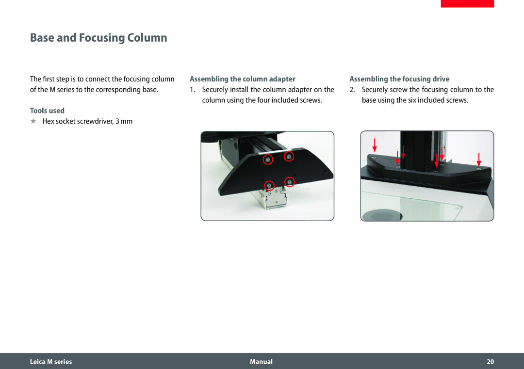 Leica M205 C, M205 A Base and Focusing Column, Assembling the column adapter Assembling the focusing drive, Tools used 