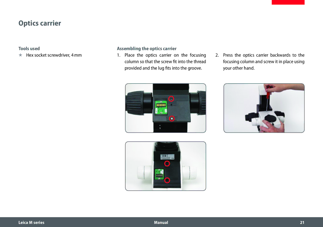 Leica M205 A, M165 C, M205 C manual Optics carrier, Hex socket screwdriver, 4 mm 