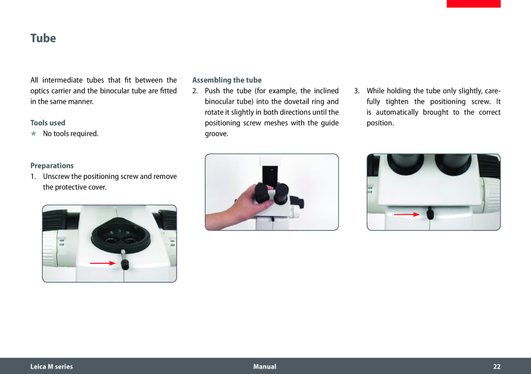 Leica M165 C, M205 A, M205 C manual Tube, No tools required, Preparations, Assembling the tube 