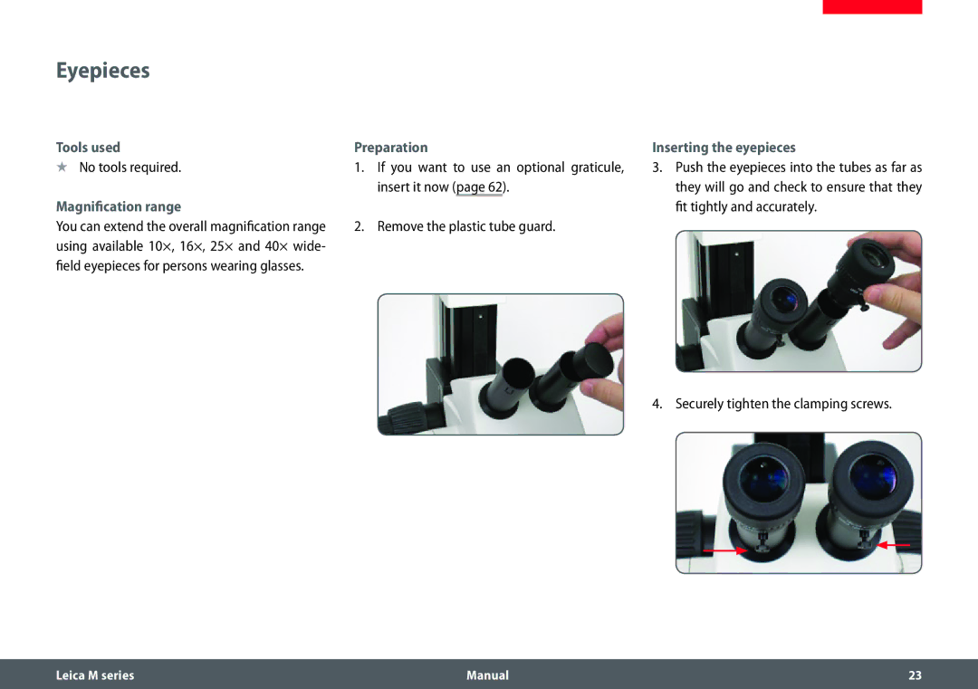 Leica M205 C, M205 A, M165 C manual Eyepieces, Tools used Preparation, Magnification range 