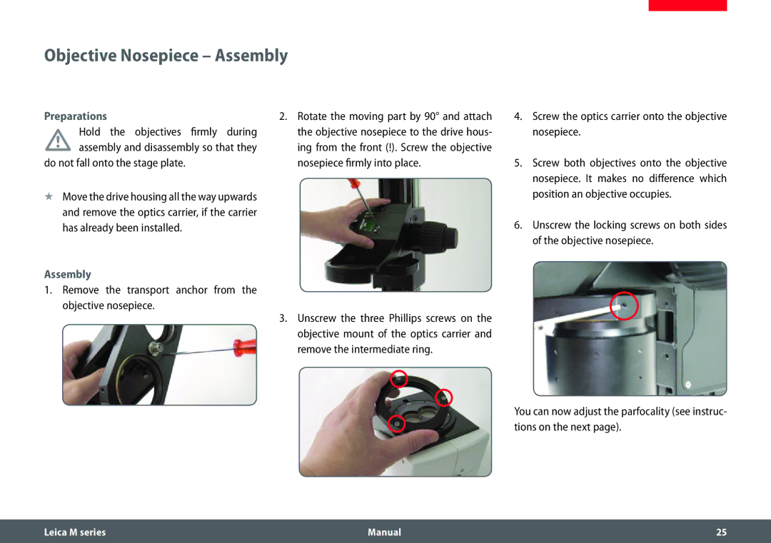 Leica M165 C, M205 A, M205 C manual Objective Nosepiece Assembly, Do not fall onto the stage plate 