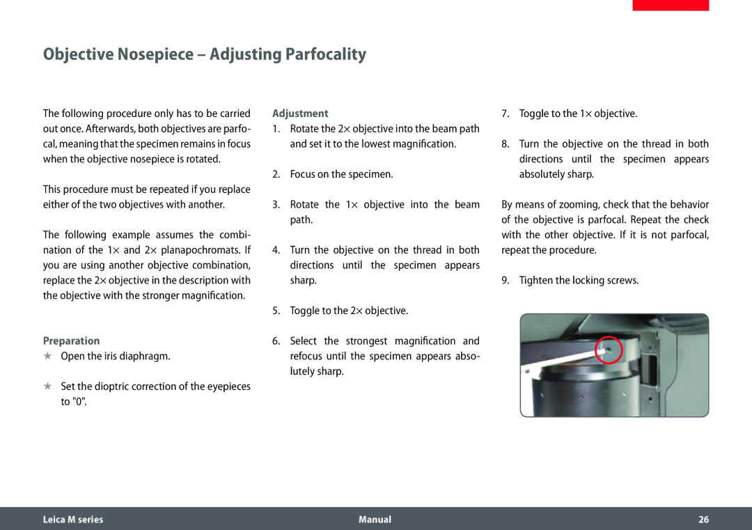 Leica M205 C, M205 A, M165 C manual Objective Nosepiece Adjusting Parfocality, Adjustment, Tighten the locking screws 