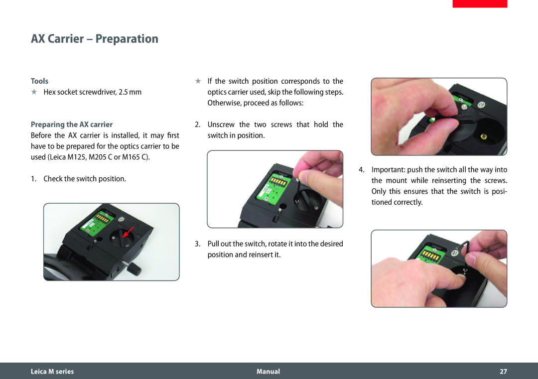 Leica M205 A, M165 C, M205 C manual AX Carrier Preparation, Tools, Hex socket screwdriver, 2.5 mm, Preparing the AX carrier 