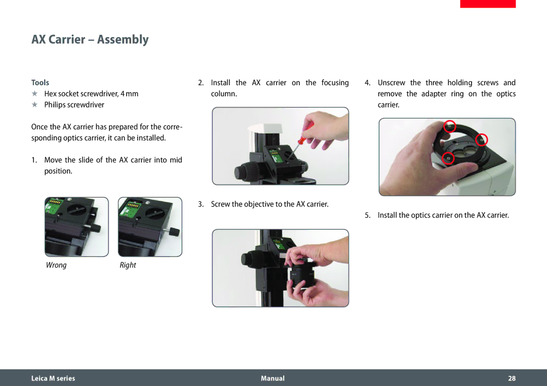 Leica M165 C, M205 A, M205 C manual AX Carrier Assembly, Hex socket screwdriver, 4 mm Philips screwdriver 